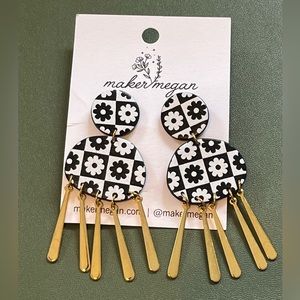 Polymer clay flower print earrings with gold metal details